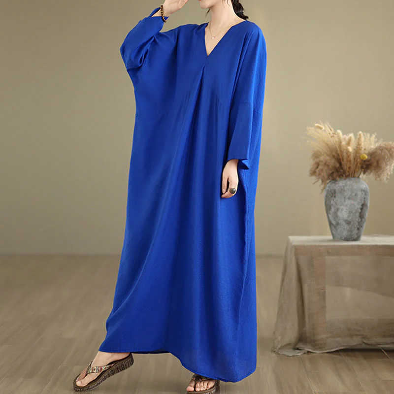 Buddha Stones Fall Casual V-Neck Long Sleeve Cotton Midi Dress