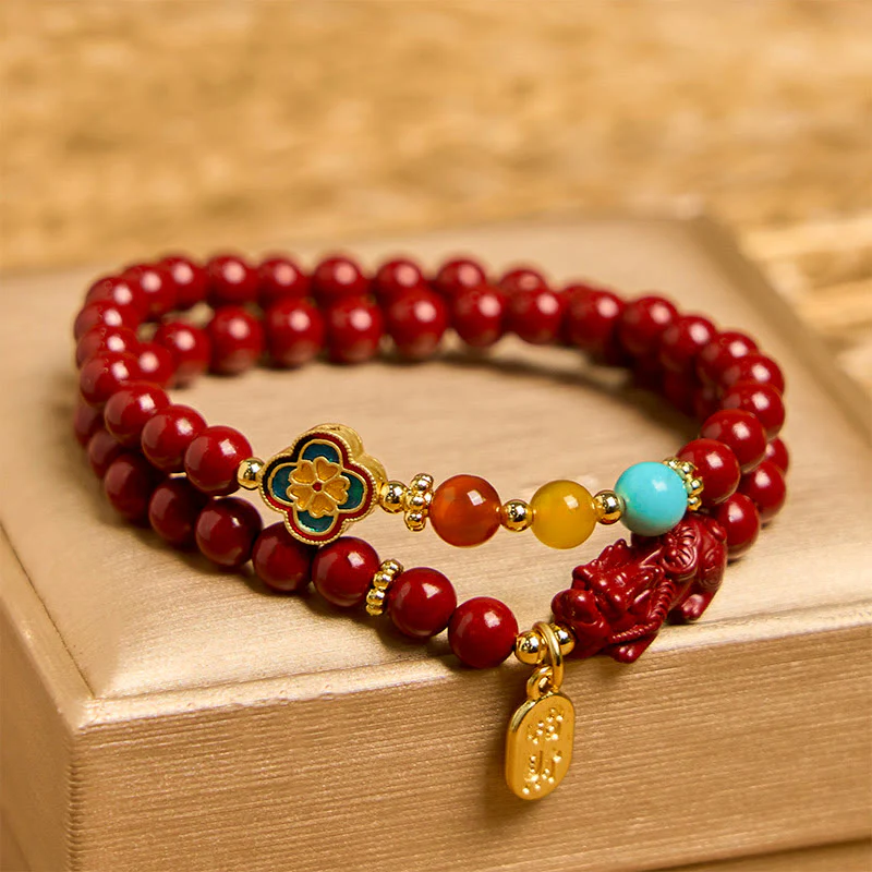 Buddha Stones Cinnabar PiXiu Fu Character Blessing Double Wrap Bracelet