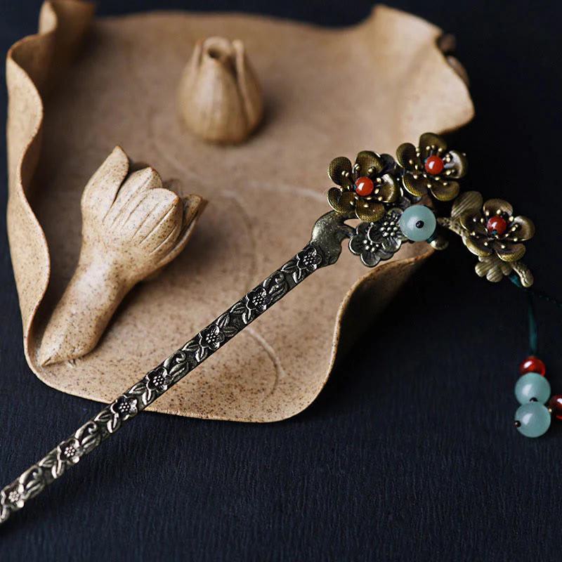 Buddha Stones Green Aventurine Red Agate Alloy Flowers Soothing Hairpin