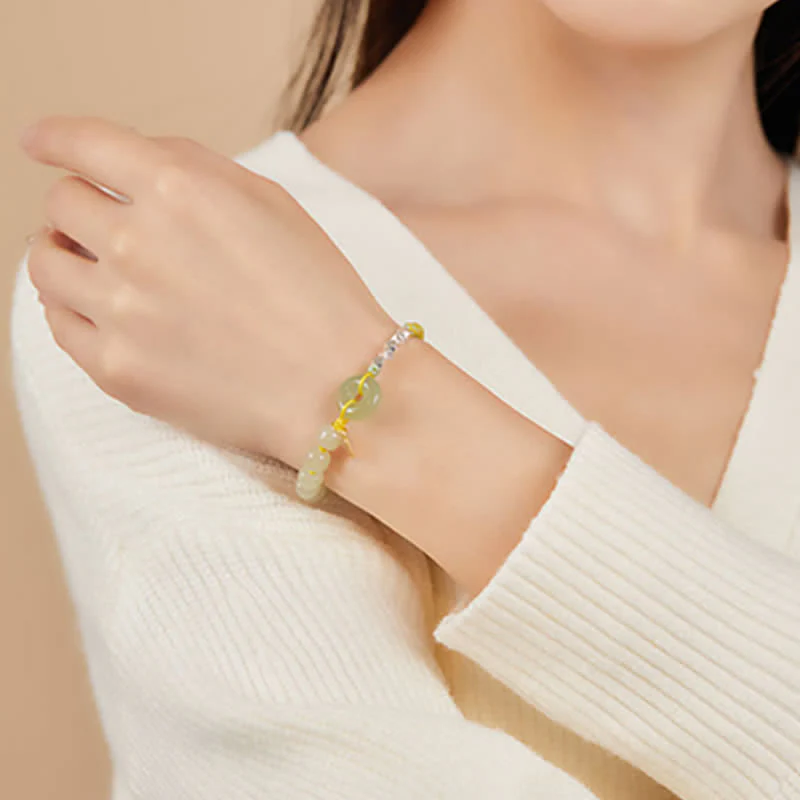 Buddha Stones 925 Sterling Silver Hetian Jade Peace Buckle Beaded Luck Happiness Charm Bracelet