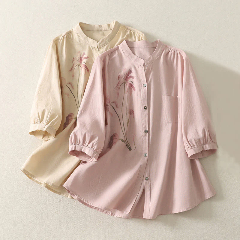 Buddha Stones Casual Daily Printing Lily Pattern Half Puff Sleeve Women's Cotton Linen Shirt