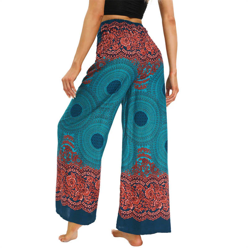 Buddha Stones Bohemian Compass Flower Print Lace-up Wide Leg Pants Women's Yoga Pants