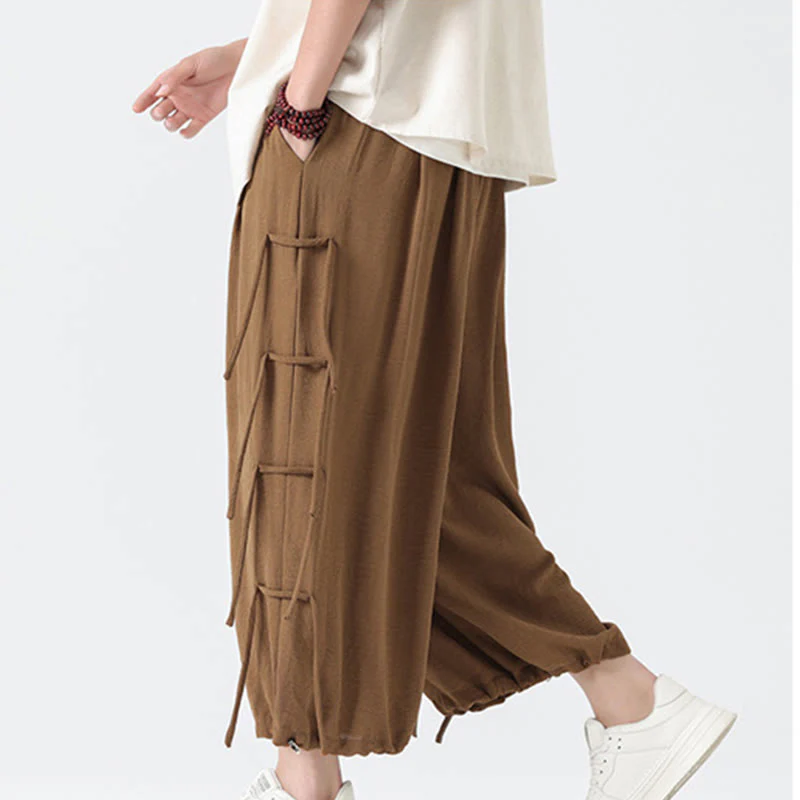 Buddha Stones Casual Loose Lanyard Design Waist Rope Men's 7-8 Length Spandex Pants With Pockets