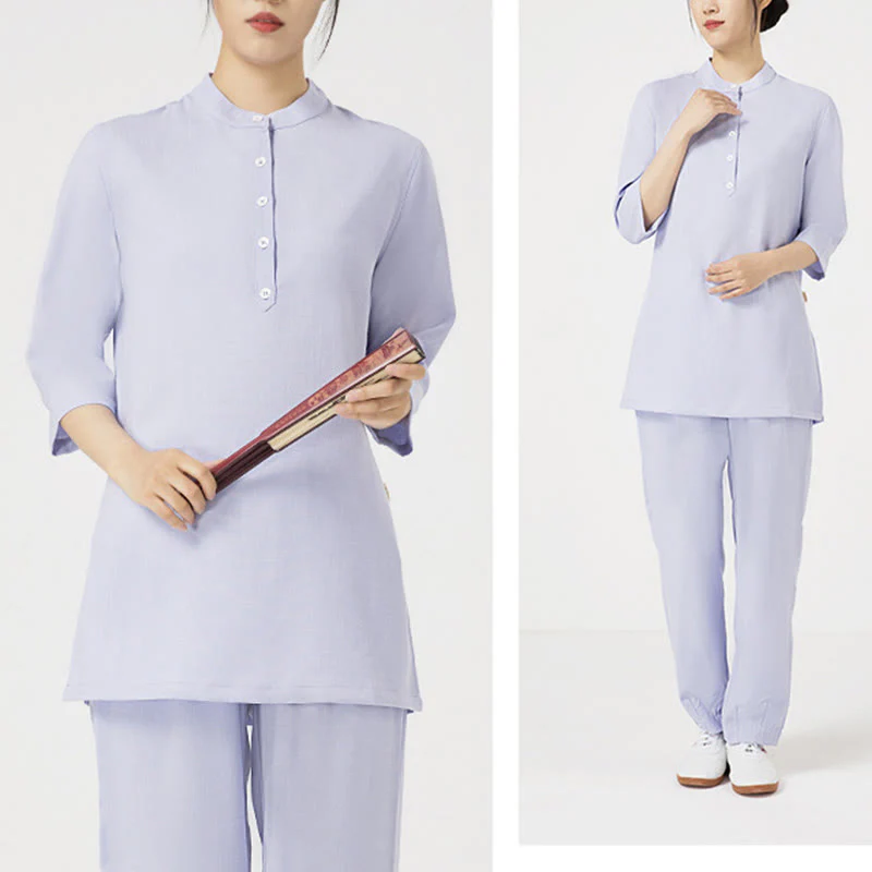 Buddha Stones 2Pcs Solid Color Three Quarter Shirt Top Pants Meditation Zen Tai Chi Cotton Linen Clothing Women's Set