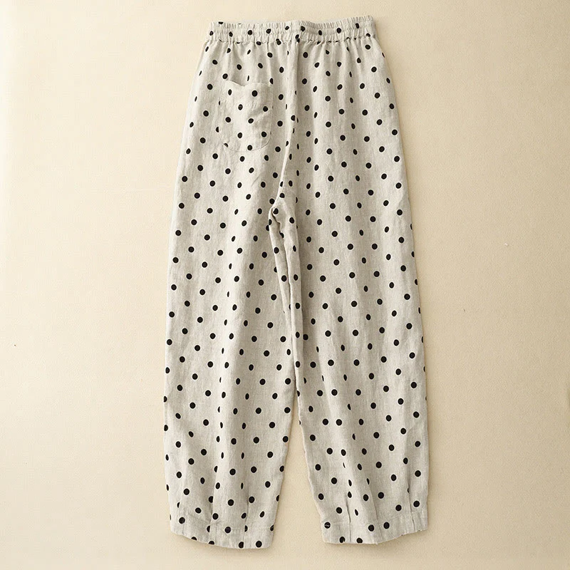 Buddha Stones Casual Black Polka Dots Drawstring Cotton Linen Women's Pants With Pockets