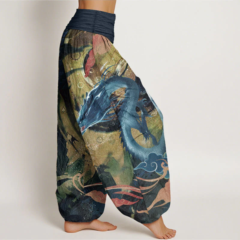 Buddha Stones Pure Cotton Dragon Auspicious Clouds Pattern Women's Elastic Waist Harem Pants