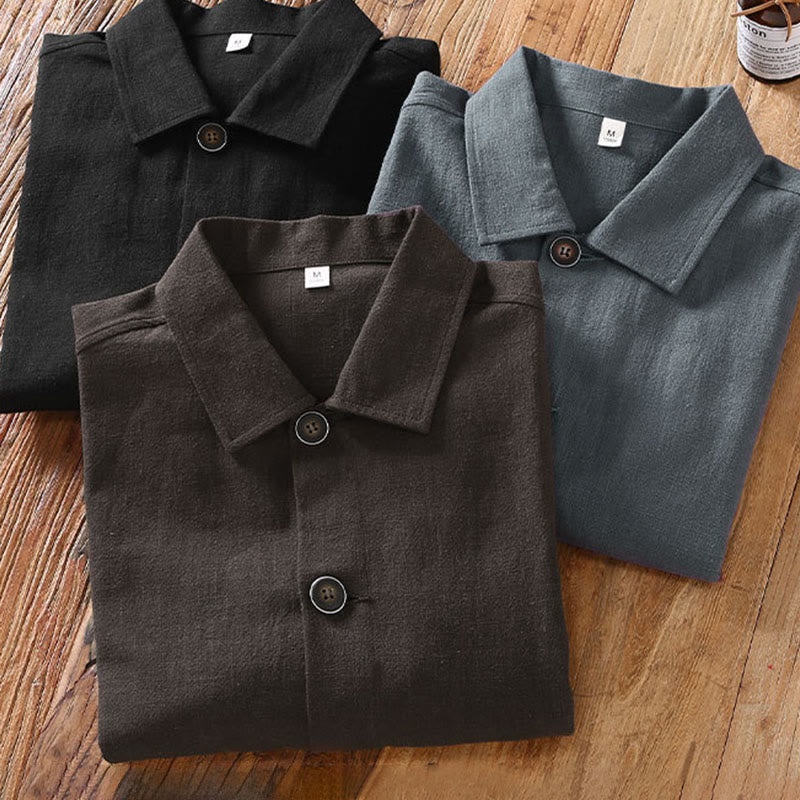 Buddha Stones Casual Plain Long Sleeve Button Lapel  Design Men's Ramie Linen Jacket With Pockets