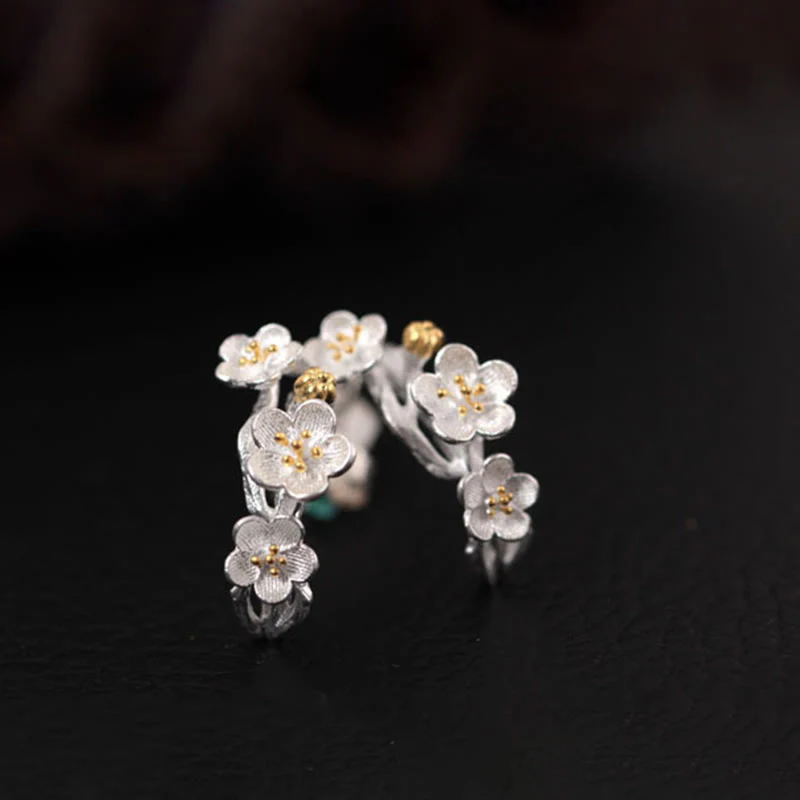 Buddha Stones 925 Sterling Silver Plum Blossom Floral Blessing Earrings