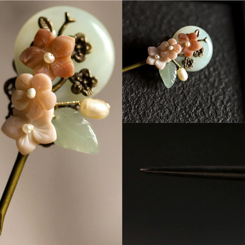 Buddha Stones Copper Jade Shell Flower Leaves Luck Hairpin