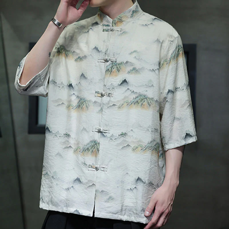 Buddha Stones Ink Painting Mountains Chinese Frog-Button Tang Suit Men's Half Sleeve Cotton Linen Shirt