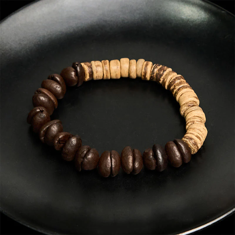 Buddha Stones Handmade Natural Coffee Beans Coconut Shell Happiness Bracelet