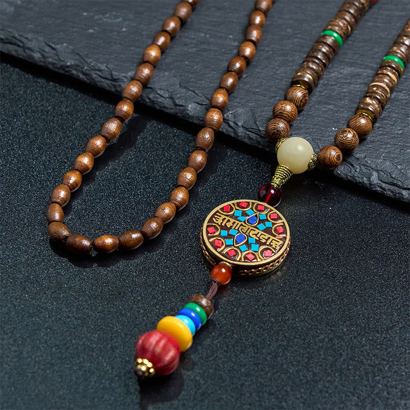 Buddha Stones Tibetan Handmade Coconut Shell Schima Wood Great Bright Mantra Copper Bead Balance Necklace Pendant