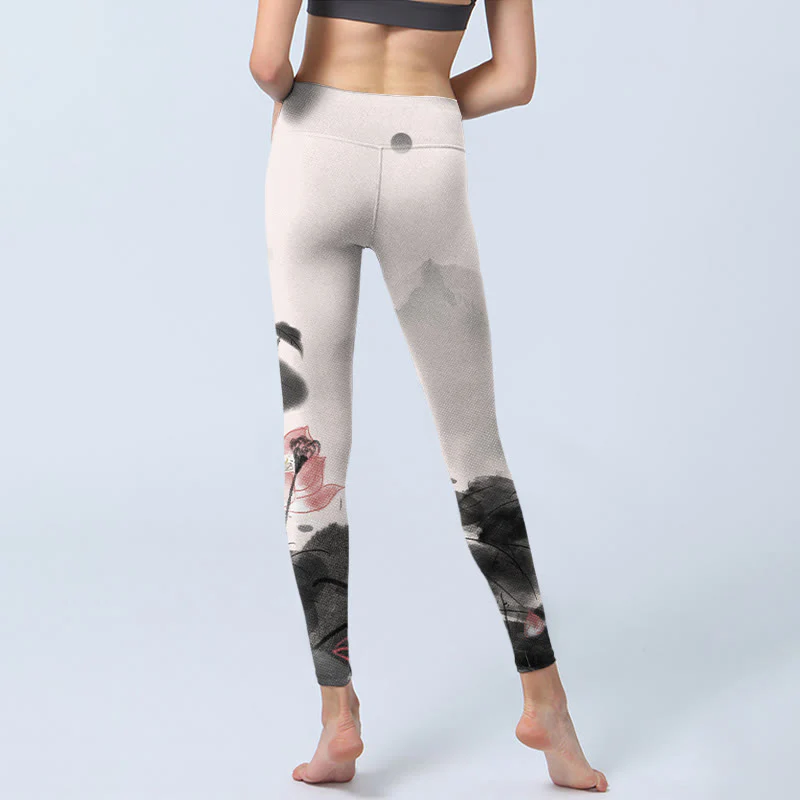 Buddha Stones Ink Painting Lotus Flower Leaf Print Gym Fitness Leggings Women's Yoga Pants