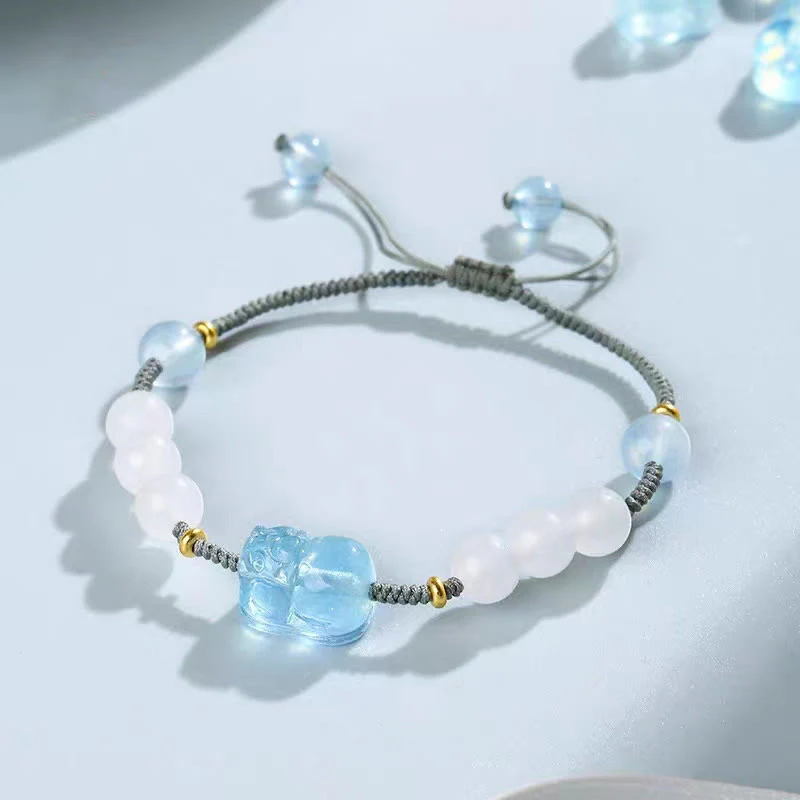Buddha Stones Natural Aquamarine PiXiu Hetian White Jade Healing Bracelet