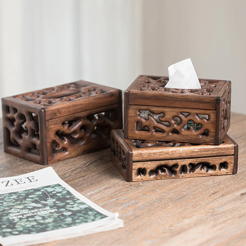 Buddha Stones Retro Wooden Tissue Box Engraved Wooden Tissue Holder Wipes Boxes Decoration