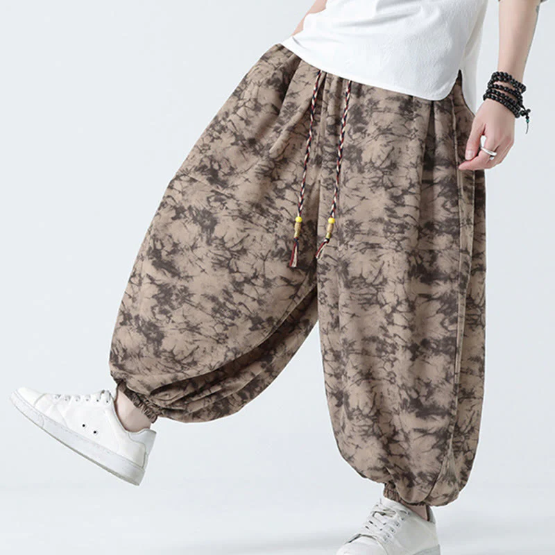 Buddha Stones Retro Casual Drawstring Design Floral Pattern Men's Harem Pants With Pockets