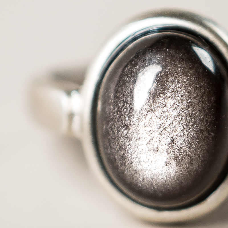 Buddha Stones Natural 925 Sterling Silver Silver Sheen Obsidian Adjustable Protection Ring