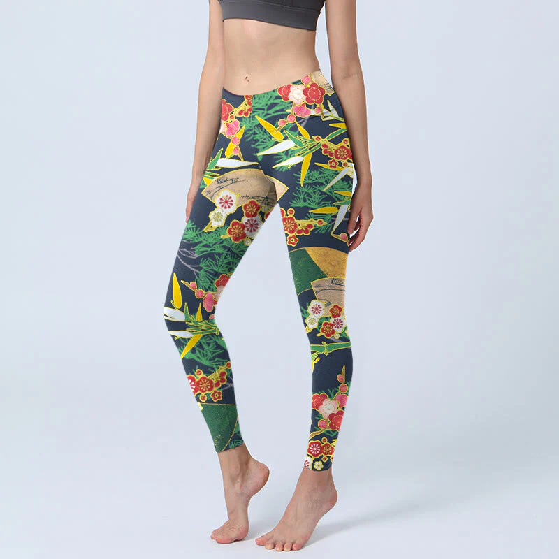 Buddha Stones Red Flowers Yellow-green Bamboo Pine Trees Print Gym Leggings Women's Yoga Pants