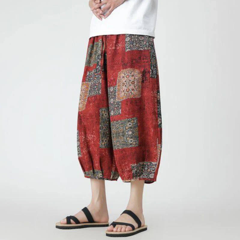 Buddha Stones Summer Square Patchwork Elephant Mandala Geometry Cotton Linen Men's 7-8 Length Pants With Pockets