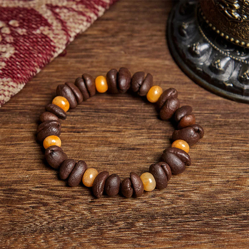 Buddha Stones Natural Coffee Beans Green Aventurine Huanglong Jade Beads Bracelet