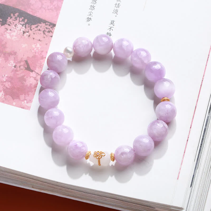 Buddha Stones Kunzite Hetian White Jade Gourd Love Spiritual Growth Bracelet