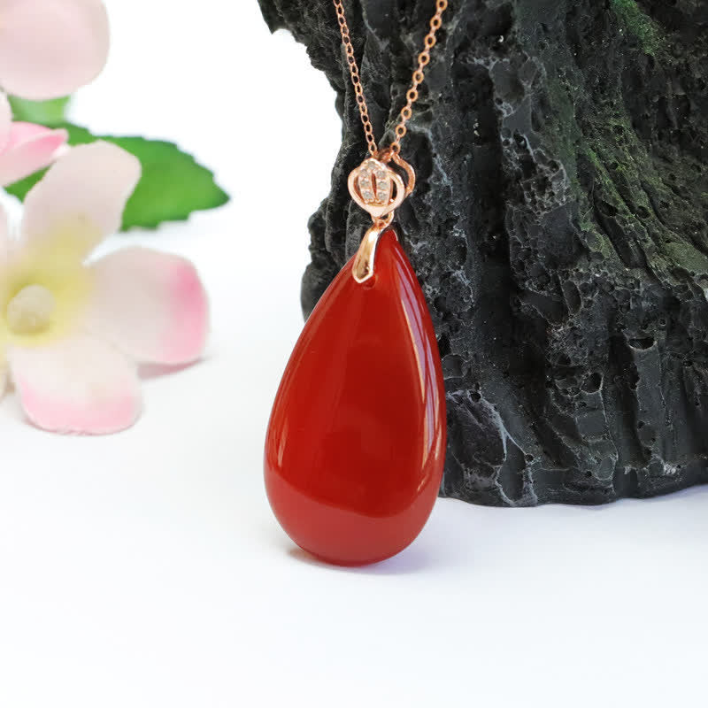 Buddha Stones 925 Sterling Silver Waterdrop Red Agate Confidence Necklace Pendant
