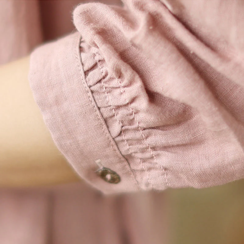 Buddha Stones Casual Plain Drawstring Button Cotton Linen Midi Dress With Pockets