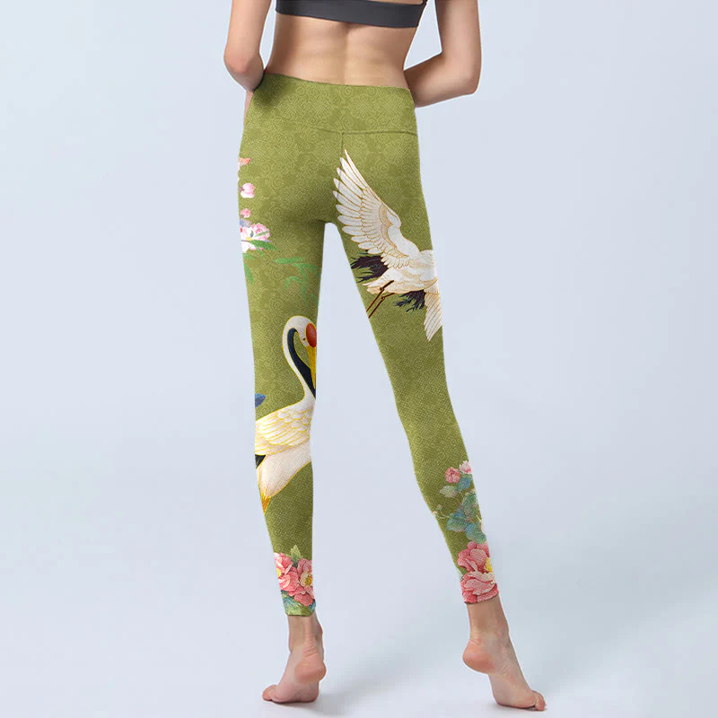 Buddha Stones Hibiscus Birds Bamboo Print Gym Leggings Women's Yoga Pants
