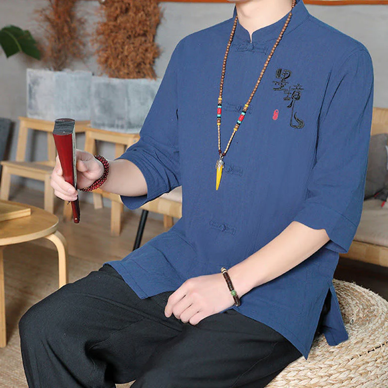 Buddha Stones Frog-Button Chinese Tang Suit Three Quarter Sleeve Cotton Linen Men's Shirt