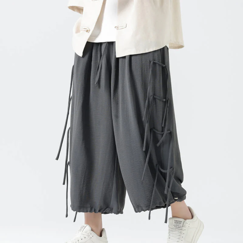 Buddha Stones Casual Loose Lanyard Design Waist Rope Men's 7-8 Length Spandex Pants With Pockets