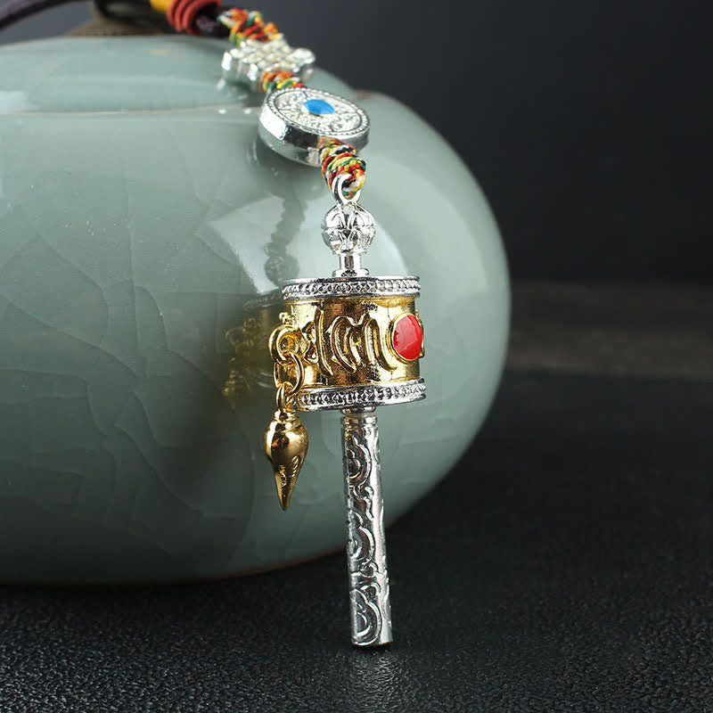 Buddha Stones Tibet Om Mani Padme Hum Prayer Wheel Peace Rotatable Bag Car Hanging Decoration