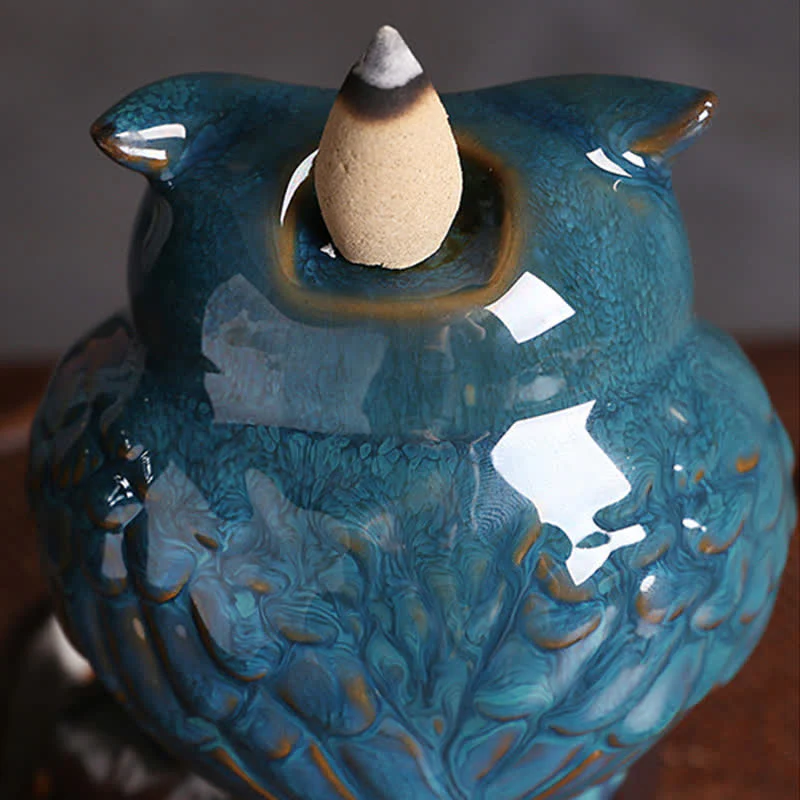 Buddha Stones Cute Owl Ceramic Backflow Smoke Fountain Meditation Healing Incense Burner Decoration