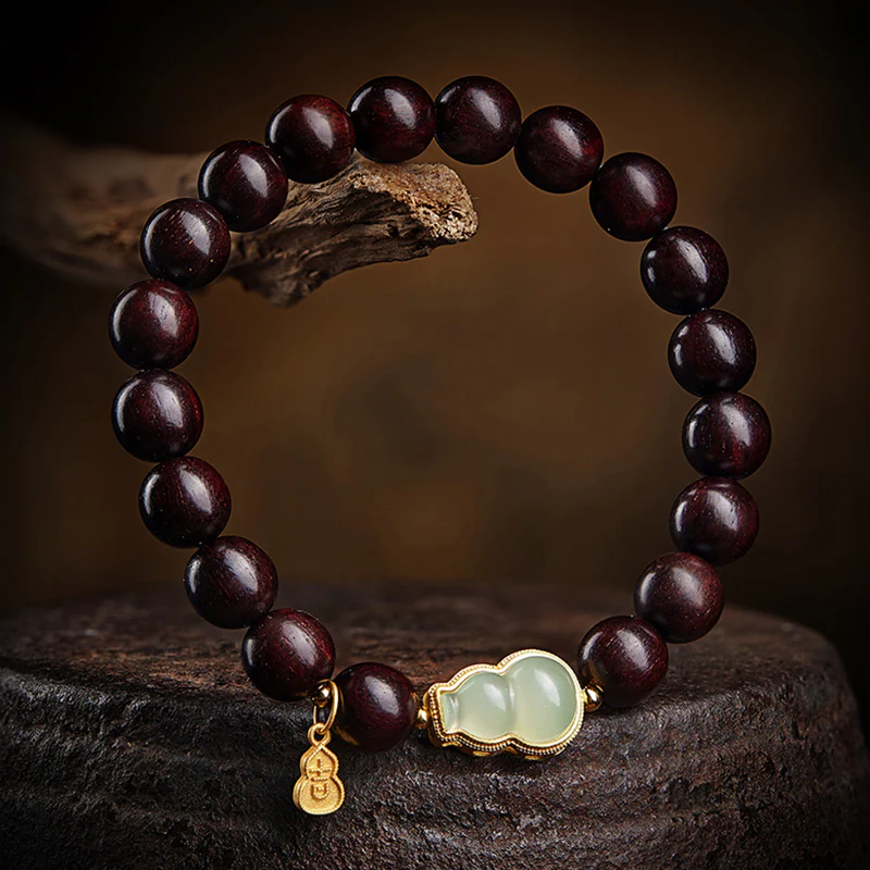Buddha Stones Small Leaf Red Sandalwood Gourd Jade Calm Relaxation Bracelet