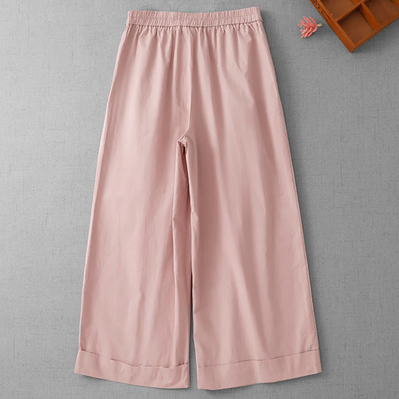 Buddha Stones Casual Plain High Waist Women's Polyester 7-8 Length Wide Leg Pants With Pockets