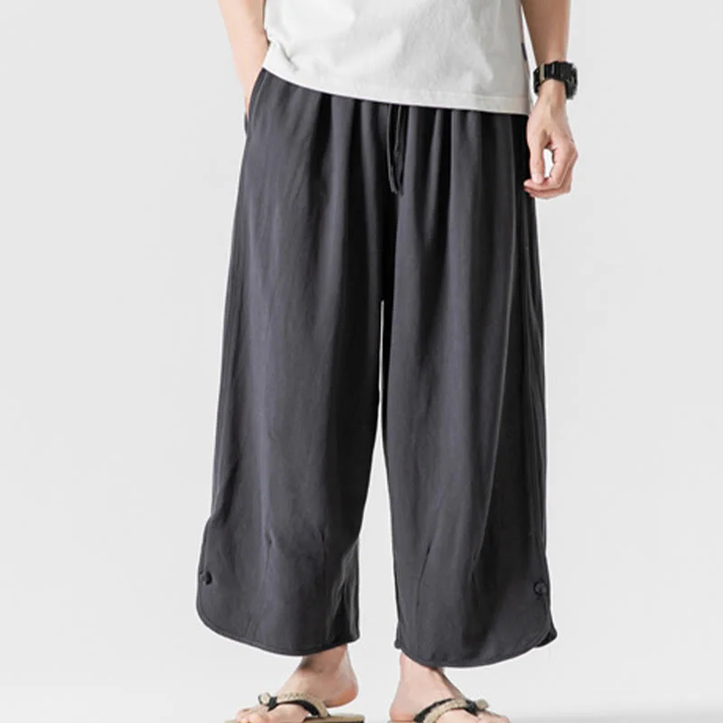 Buddha Stones Casual Loose Frog-Button Plain Men's Cotton Linen 7-8 Length Pants With Pockets