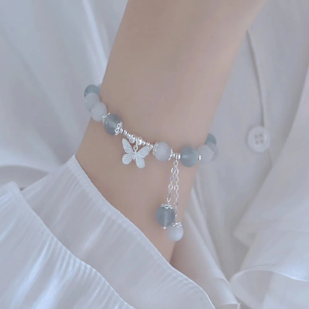 Buddha Stones Cat's Eye Aquamarine Butterfly Charm Support Bracelet