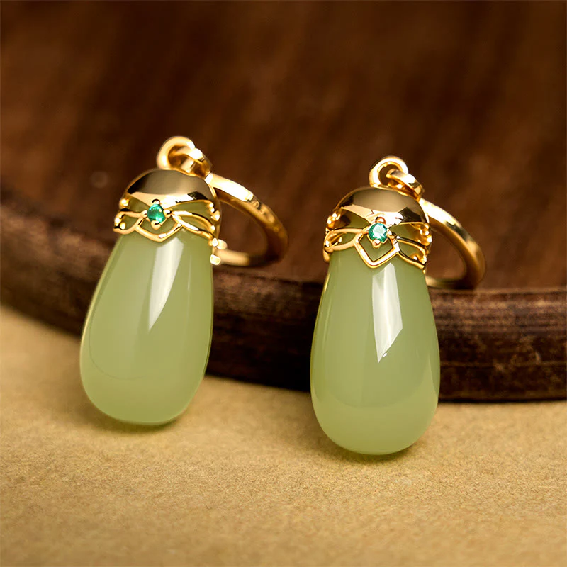 Buddha Stones Green Chalcedony Water Drop Strength Copper Posts Earrings