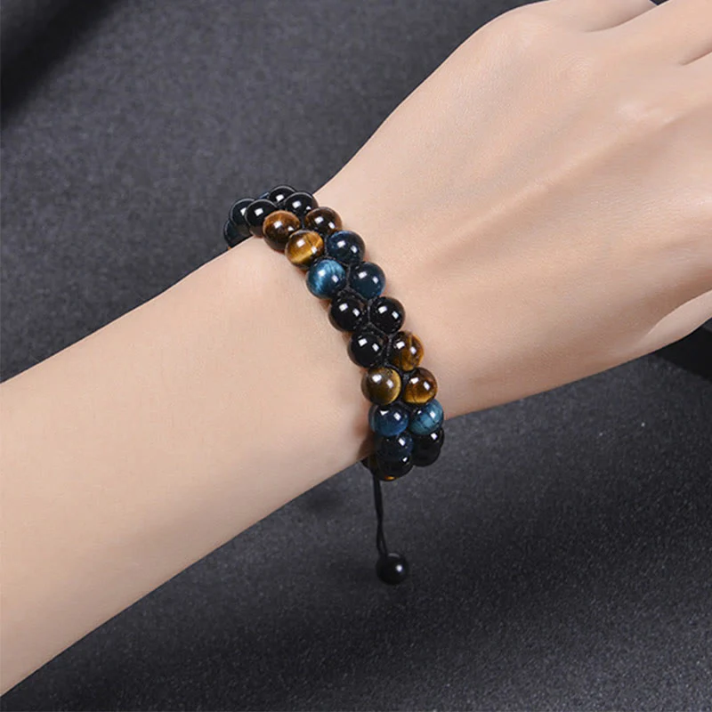 Buddha Stones Natural Blue Tiger Eye Black Magnetite Om Pattern Double Row Beads Strength Bracelet