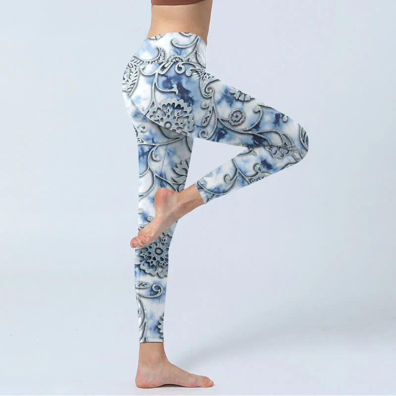 Buddha Stones White Round Flowers Print Exercise Leggings Women's Yoga Pants