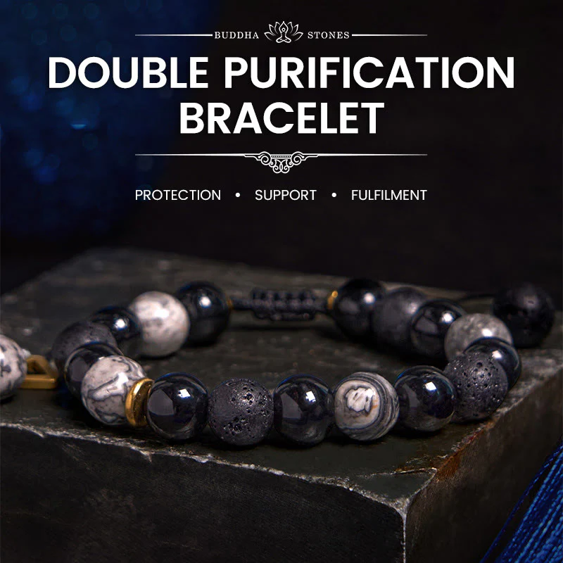 Buddha Stones Black Obsidian Lava Rock Stone Yin Yang Strength Bracelet