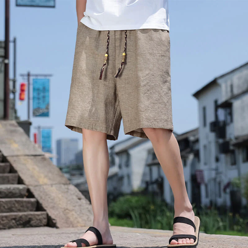 Buddha Stones Weaving Waist Rope Beads Cropped Linen Men's Shorts With Pockets