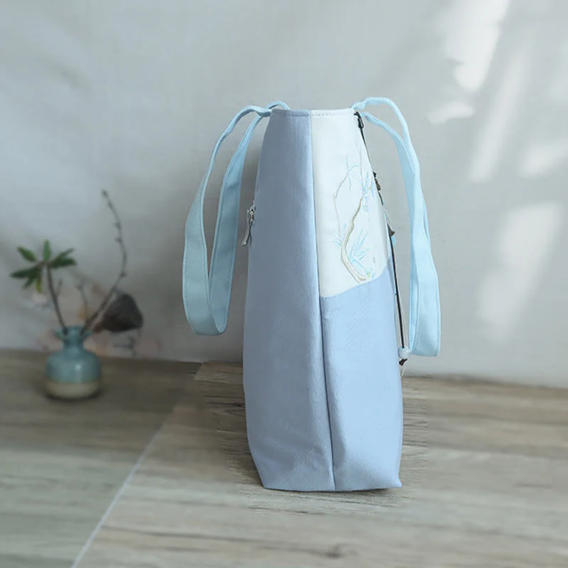 Buddha Stones Pear Flower Plum Peach Blossom Bamboo Embroidery Canvas Large Capacity Shoulder Bag Tote Bag