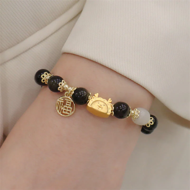 Buddha Stones Year Of The Dragon Red Agate Strawberry Quartz Black Obsidian Jade Garnet Pearl Cinnabar Dumpling Dragon Luck Fu Character Bracelet