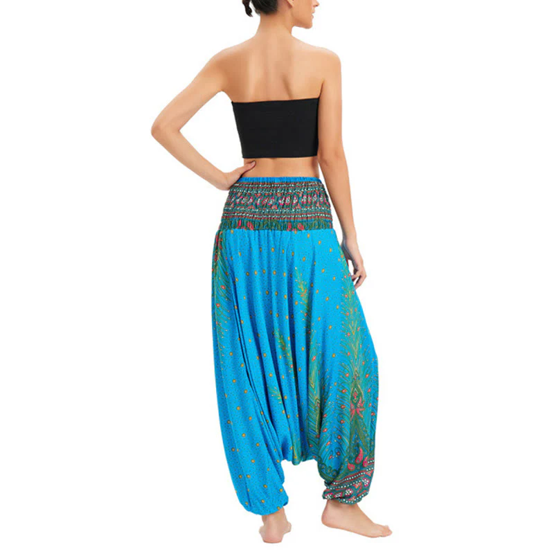 Buddha Stones Two Style Wear Peacock Feather Loose Smocked Harem Trousers Jumpsuit High Waist Pants