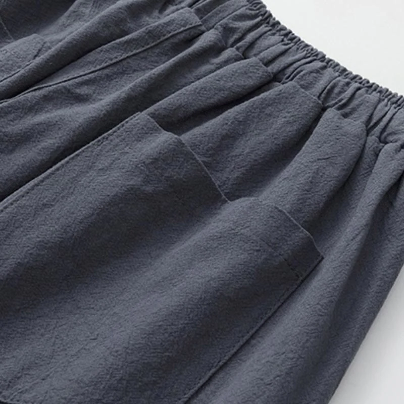 Buddha Stones Summer 2Pcs Plain Crew Neck T-Shirt Drawstring 7-8 Length Pants Cotton Linen Tang Suit Men's Meditation Cloth Set With Pockets