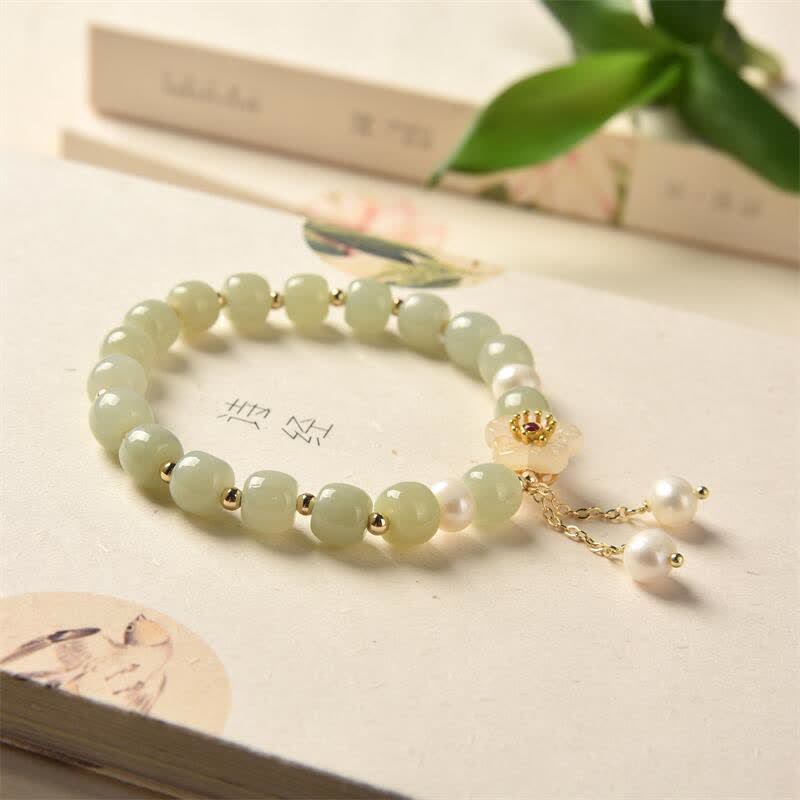 Buddha Stones Hetian Jade Flower Pearl Happiness Abundance Bracelet