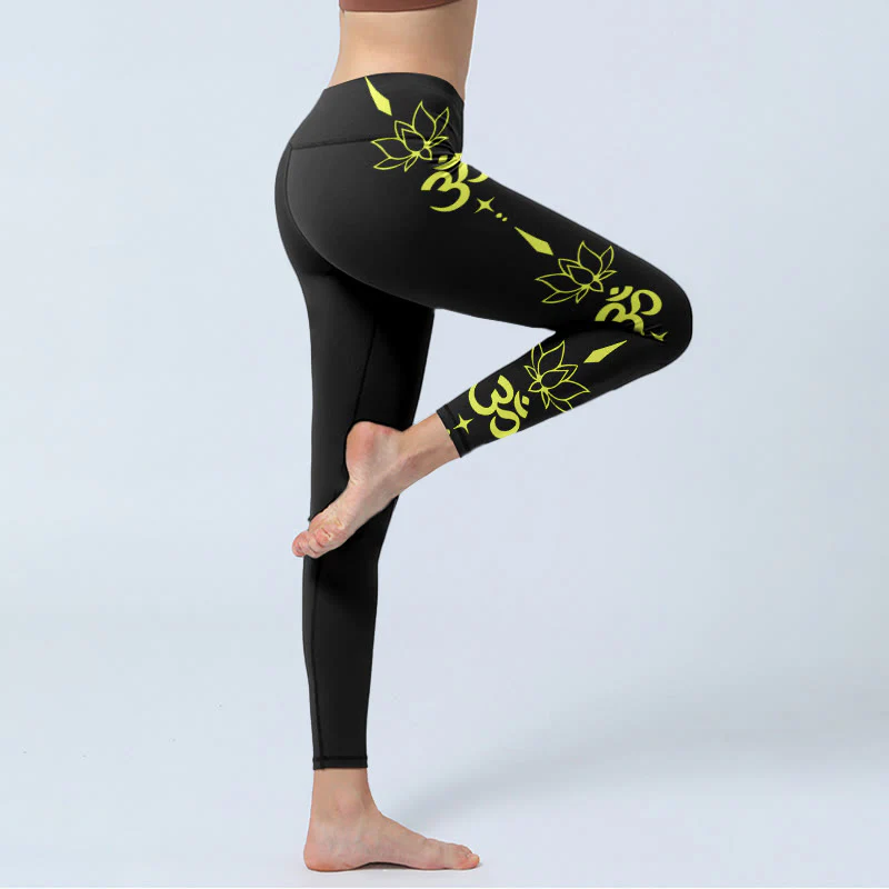 Buddha Stones Lotus Flower OM Symbol Print Gym Leggings Women's Yoga Pants