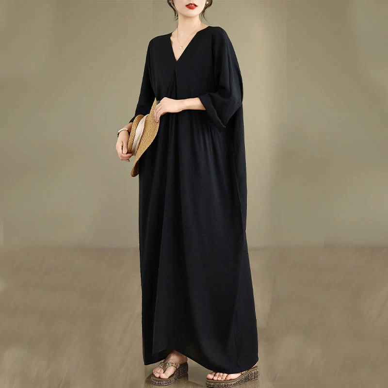 Buddha Stones Fall Casual V-Neck Long Sleeve Cotton Midi Dress