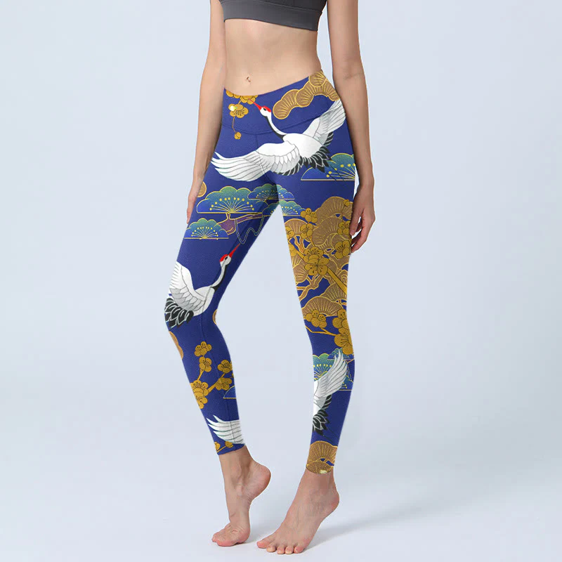 Buddha Stones Flying Red-Crowned Crane Pine Tree Flower Pattern Print Gym Leggings Women's Yoga Pants
