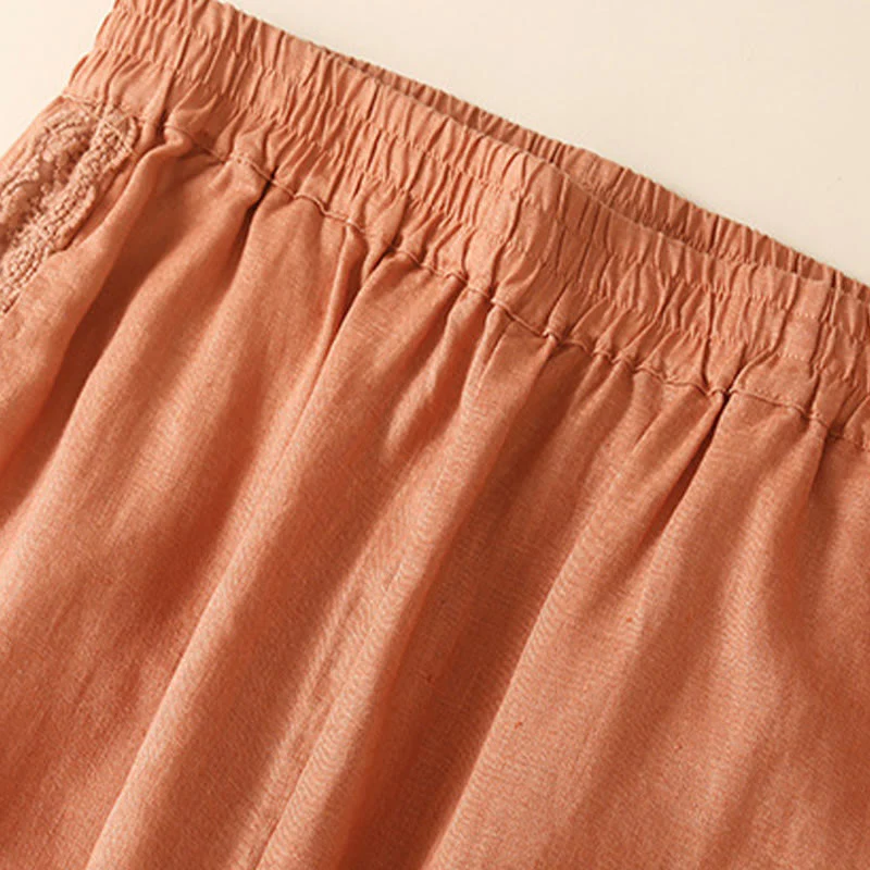 Buddha Stones Plain Lace Women's Harem Cotton Linen Pants With Pockets